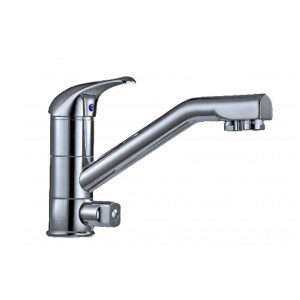 Chrome three-way kitchen mixer tap with side lever and filter