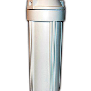 Reverse osmosis and other uses can be achieved with this white plastic 10-inch water filter housing with 1/4" ports.